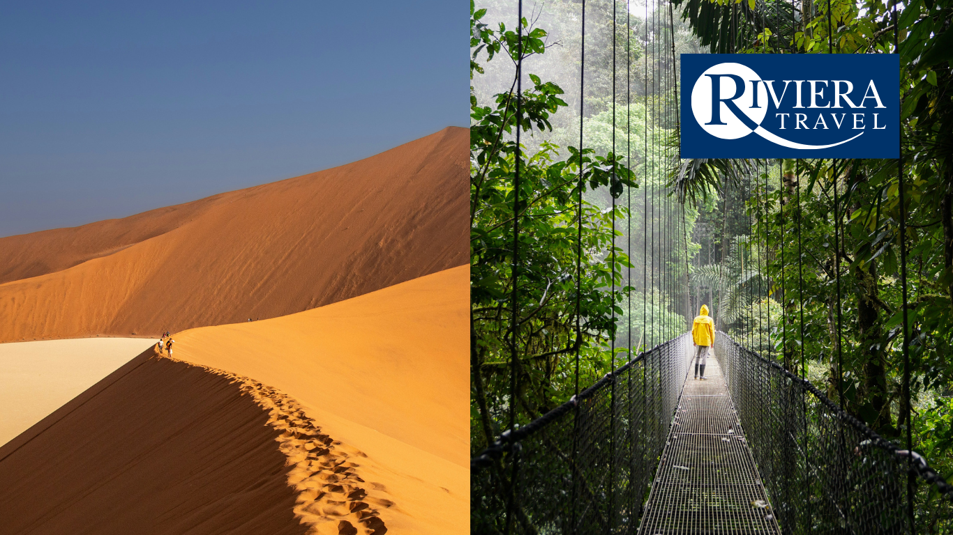 Riviera travel logo with images of namibia and costa rica in the background
